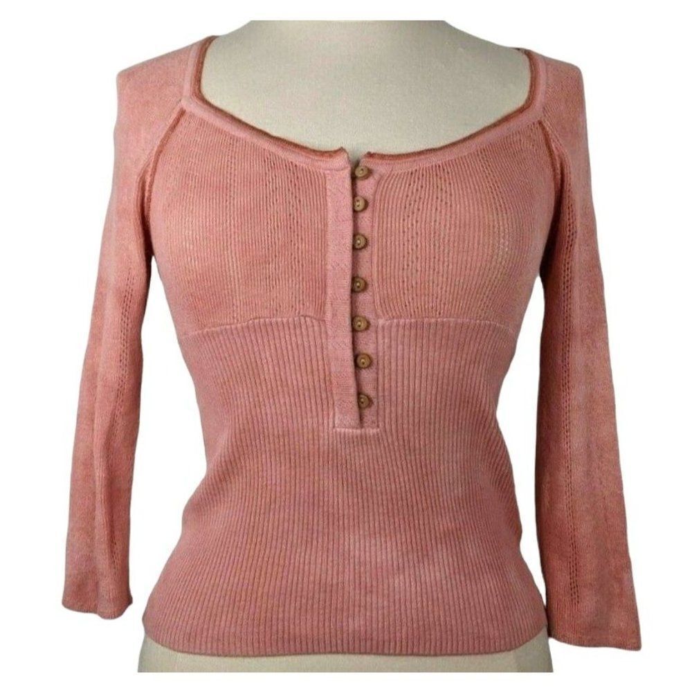 Free People Henley Shirt Top Women's XS Pink Peach Tie-Dye Cropped Scoop-Neck